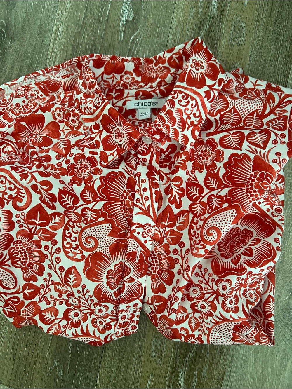 Chico's White and Red Floral Print Button-Down Top
